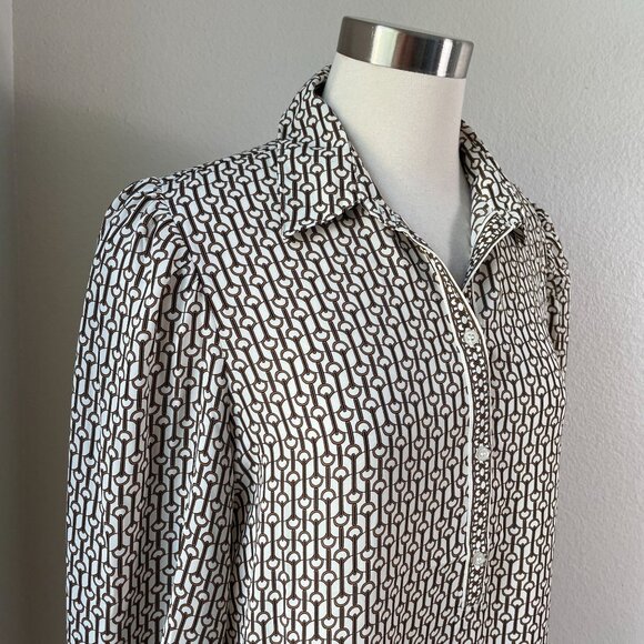 Max Studio Womens Medium Chain Link Print Blouse Button Up Long Sleeve Shirt Top - Picture 2 of 12